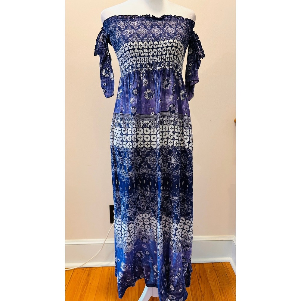 NWT RAGA Anthropologie Purple Floral Smocked Off Shoulder Maxi Dress Boho XS